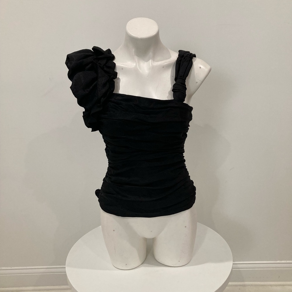 NWOT BEBE Black Ruched Organza Halter Top Ruffled Straps Small - Picture 3 of 16